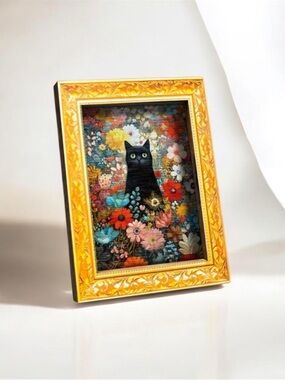 Mini Black Cat Floral Framed Art Magnet Vintage Style NIP